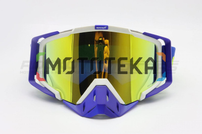 Мотоочки кроссовые ROCKOT (Рокот) RM - 323 (белый - синий/золотистая, REVO Light, Anti - Scratch/Anti - Fog)